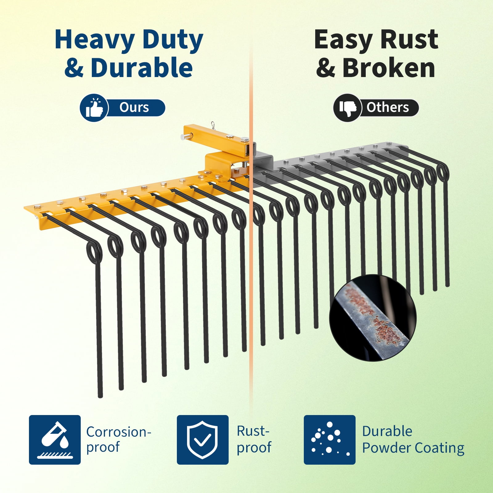 Mescukay Tow Behind Landscape Rake, 60" Tow Dethatcher with 21 Steel Coil Tines, Lawn Dethatcher Rake Attaches Toolbars and 3-Point Suspension Systems, for Leaves, Pine Needles, and Grass