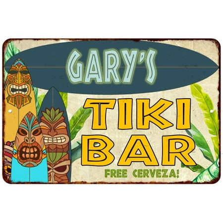 Island Tiki Bar Gary's TIKI BAR Island Personalized Sign Metal Wall Decor 8 x 12 High Gloss Metal 208120058187 ()