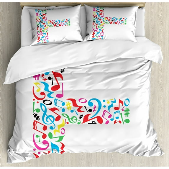 Letter F Duvet Cover Set Queen Size, Letter F Alphabet with Vibrant Music Notes Harmony Song Design ABC Graphic Print, Decorative 3 Piece Bedding Set with 2 Pillow Shams, Multicolor, by Ambesonne