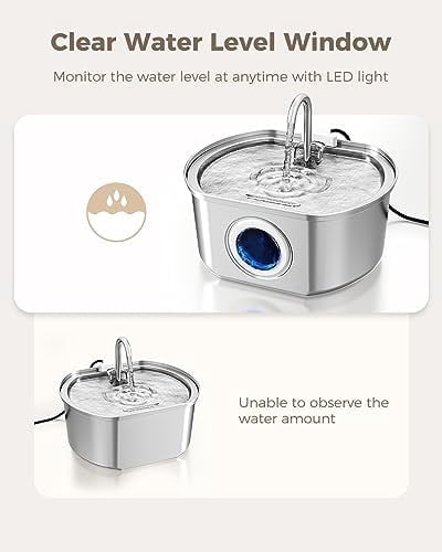 Cat Water Fountain Stainless Steel: 108oz/3.2L Cat Fountain for Drinking - Pet Water Fountain Inside - Automatic Dog Watering Dispenser Bowl - Pet Feeding & Watering Supplies - Water Level Window
