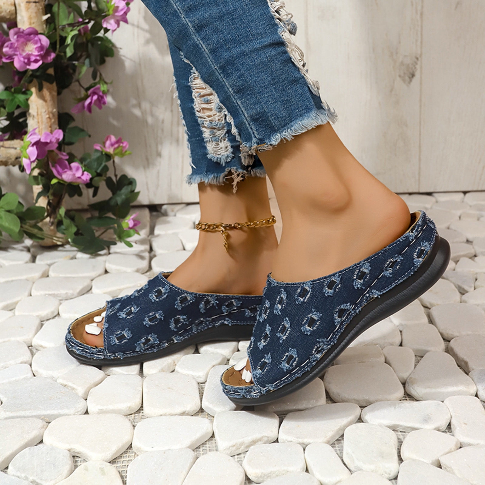 Mostsola Women's Trendy Wedges Open Toe Denim Splic Slides Sandals with Comfort Arch Support