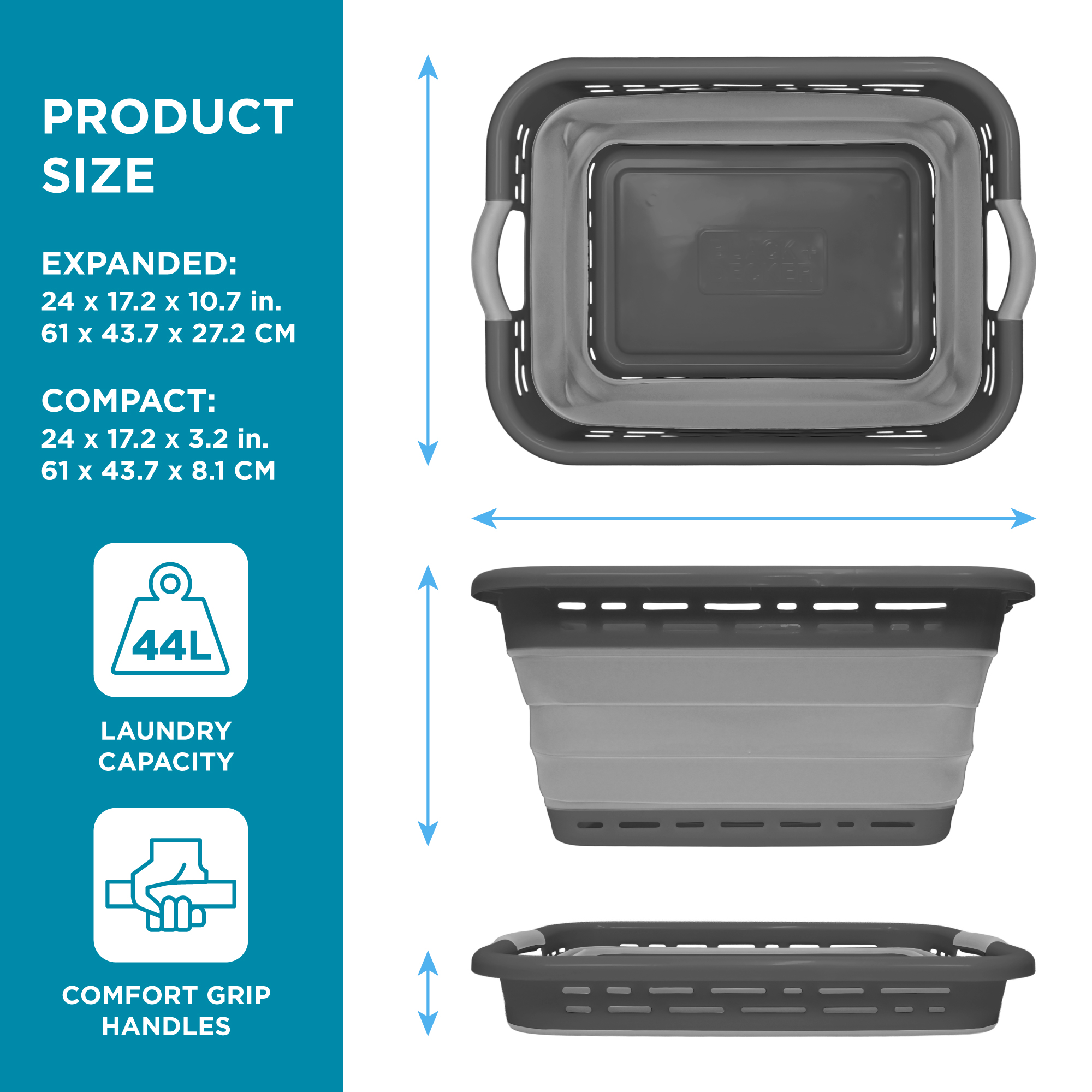 BLACK + DECKER Collapsible Laundry Basket with Handles, Space-Saving Design, Dark Gray
