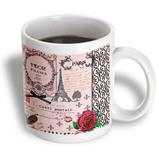 Rose Collage (3dRose Stylish Vintage Pink Paris Collage Art - Eiffel Tower - Red Rose - Girly Gothic Black Bow and swirls, Ceramic Mug,)