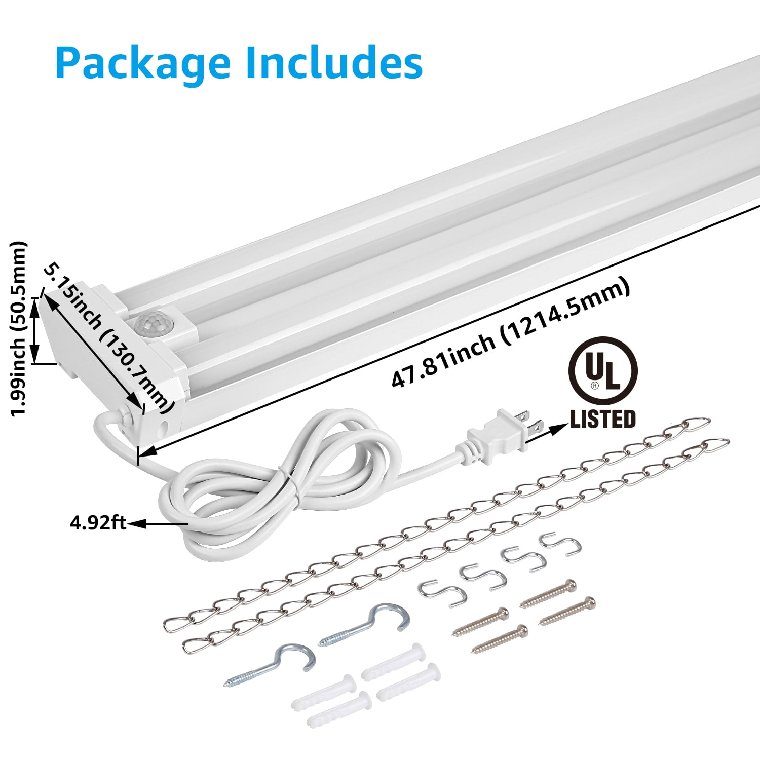 6 Pack Motion Sensor 4FT LED Utility Shop Light, 40W Plug in Linkable Light Fixtures, for Garage, Workshop, 4000lm, 5000K Daylight, Suspension & Flush Mount, FCC, ETL Certified
