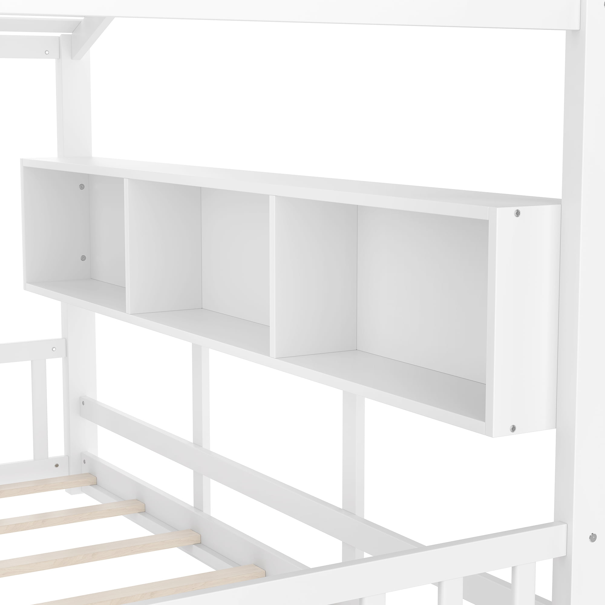 Miniyam Twin Size Montessori Floor House Bed with Roof Design and Storage Shelf for Kids, White