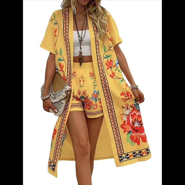 Bohemio Floral de Corta para Mujer, Talla Grande, con Abertura Frontal, Conjunto de 2 Piezas para Verano Amarillo S