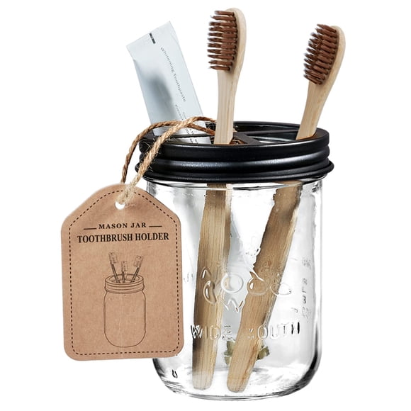 Amolliar Mason Jar Soporte para cepillos de dientes – Acero inoxidable inoxidable – Capacidad para 2 cepillos de dientes y pasta de dientes con etiquetas de pizarra – Decoración de granja para encimer