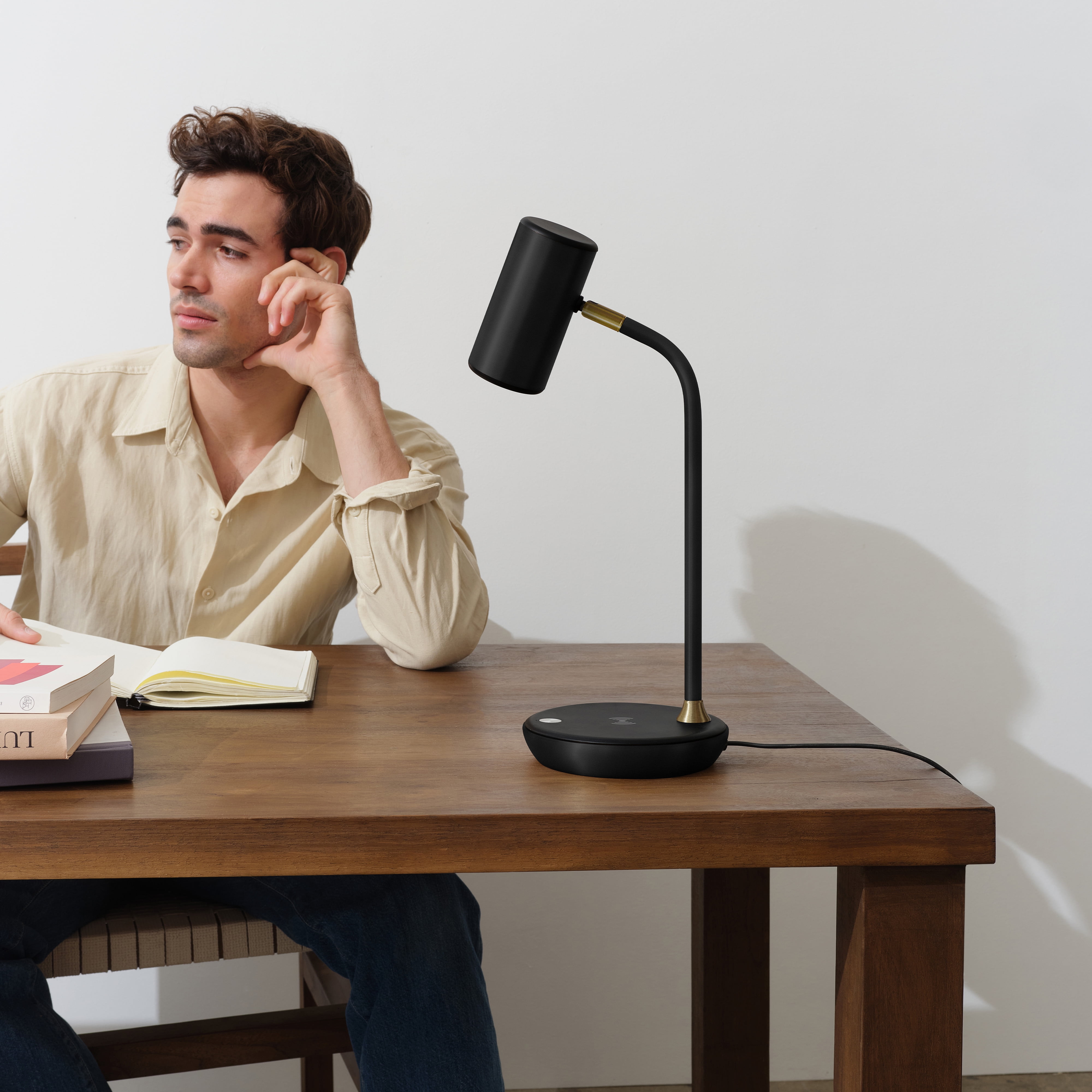 Brightech Ezra 16.5" Classic Black Dimmable LED Industrial Desk Lamp with Wireless Charging Pad and Adjustable Lamp Head