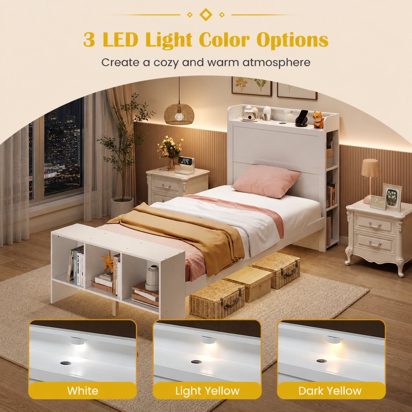 Furnibear Twin Size Bed Frame with Storage Headboard Footboard 2 USB Ports and 3 Color Adjustable LED Lights No Box Spring Needed, White