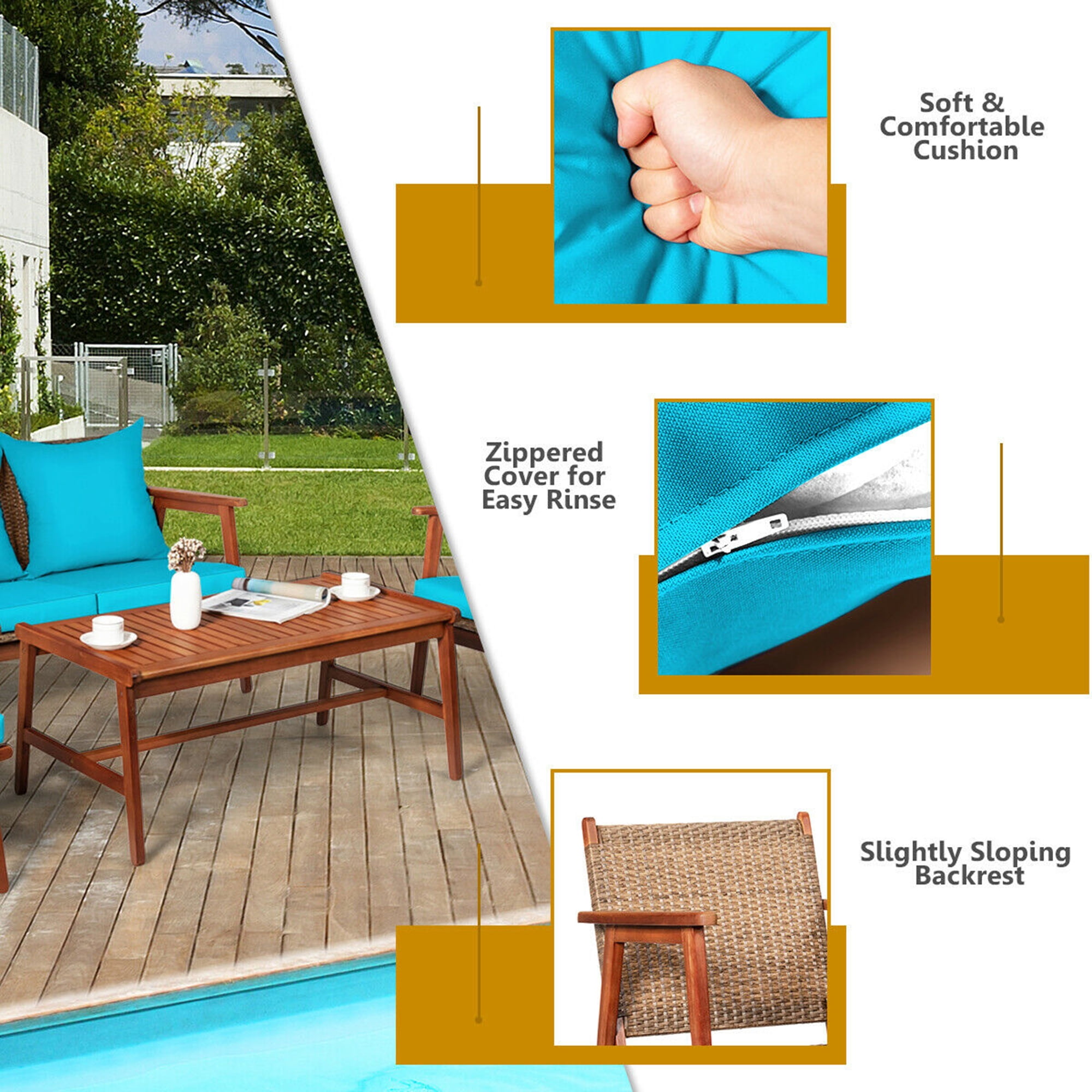 Gymax Fashion 4PCS Patio Conversation Set Wood Frame Furniture Set w/ Turquoise Cushions
