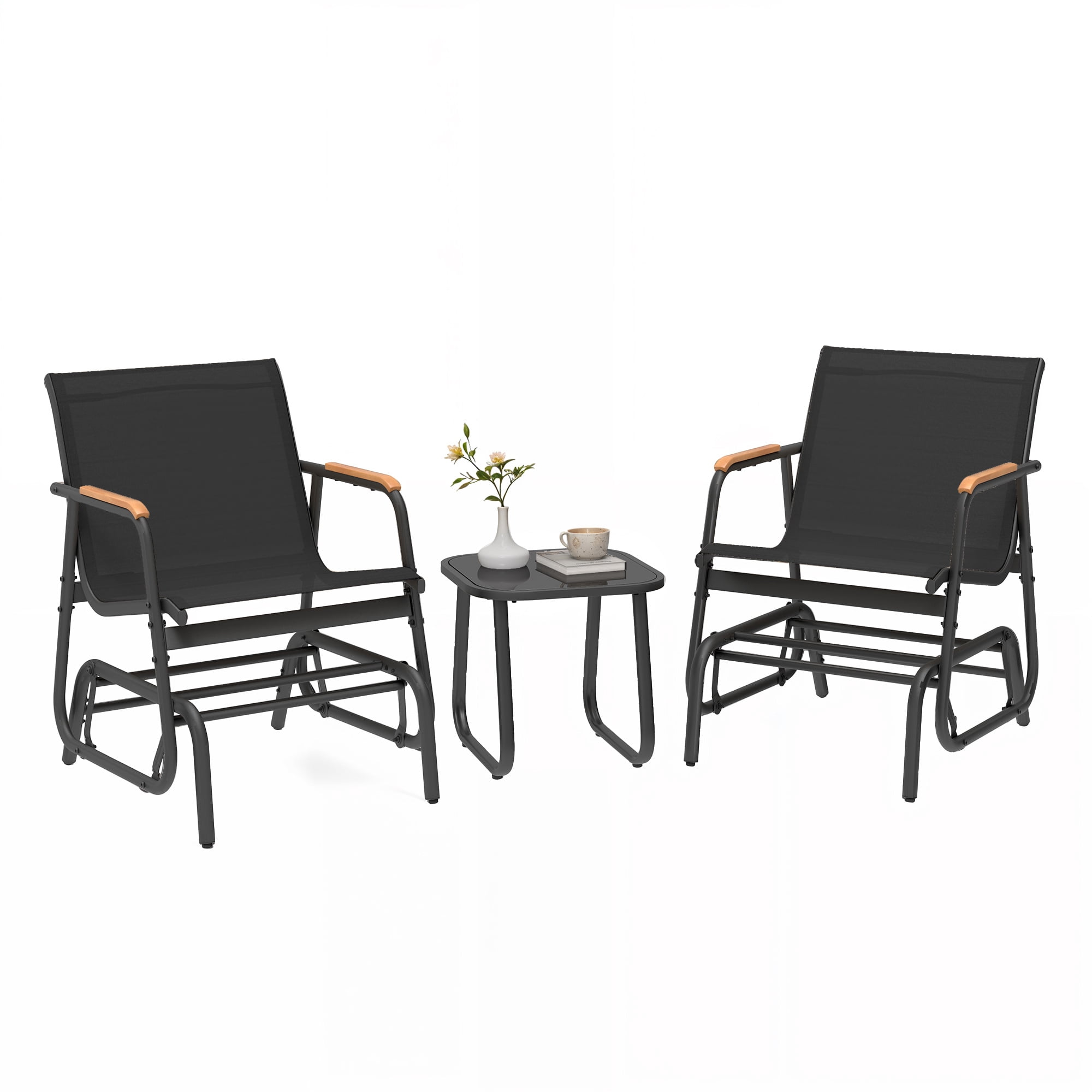 Uforic 3-Piece Patio Furniture Set, Outdoor Textilene Glider Bistro Set with 2 Glider Chairs & Tempered Glass Coffee Table, Heavy Duty Outdoor Seating Set for Backyard, Garden, Balcony, Black