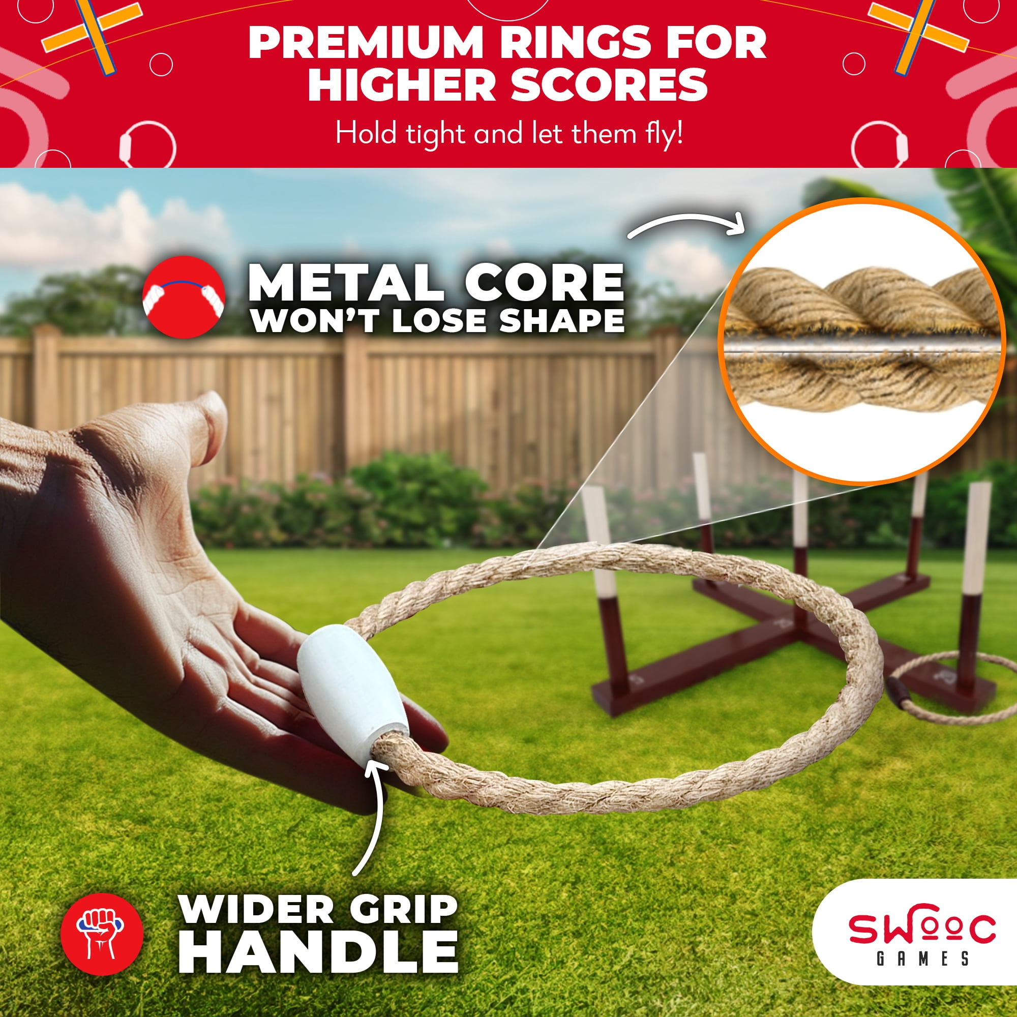 SWOOC Games - XL Ring Toss Game (3ft x 3ft) All Weather - New Zealand Pine - 15+ Games Included - Yard Games for Adults - Kids Outdoor Games for Adults and Family - Backyard Games - Lawn Games Adults
