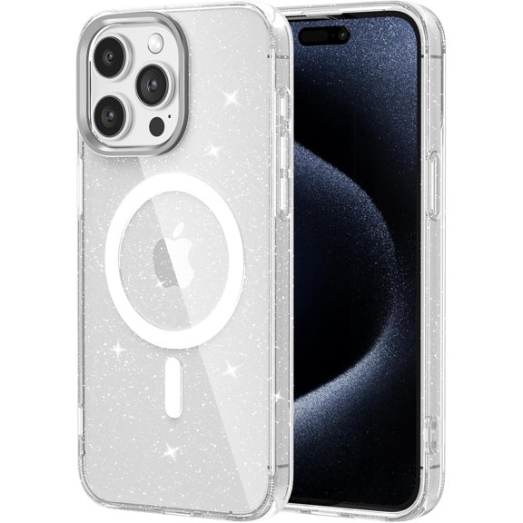 for iPhone 15 Pro Max Case,Clear Cute Glitter Bling Sparkle Design,Magnetic Support for MagSafe Shockproof Non-Yellowing Protective Phone Cover for Girls Women 6.7inch-White