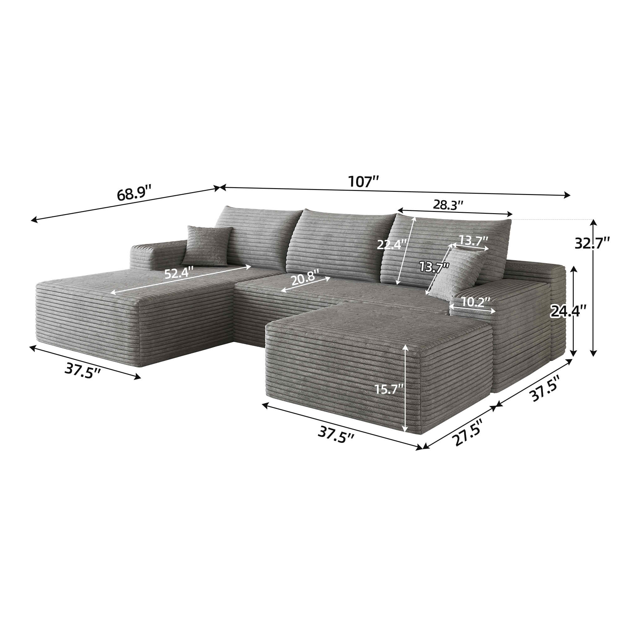 MAYEERTY 107" Cloud U-Shaped Sectional Sofa with 1 Ottoman, Plush Corduroy Deep Seat Modular Couch, No Assembly for Living Room