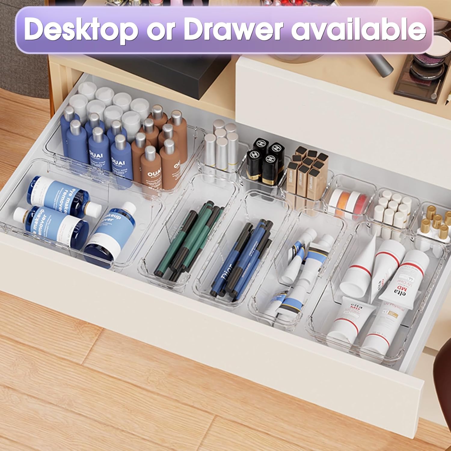 SSAWcasa 25 Pcs Extendable Clear Drawer Organizer, Adjustable Vanity Storage Box, 3-Size Desk Drawer Organizer, Non-Slip Storage Bins for Cosmetics, Jewelries, Stationeries, Tools, Cutleries