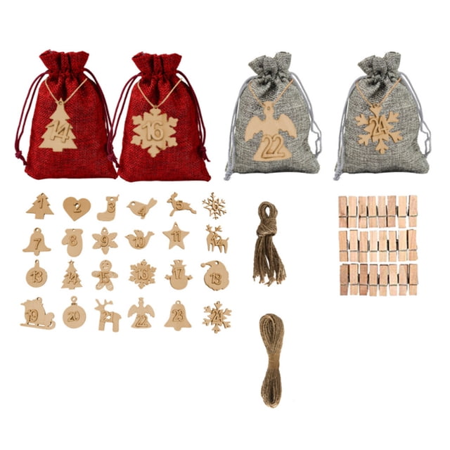 Wosthever 24 piezas de bolsas de calendario de Adviento de Navidad, juguetes de dulces colgantes, pegatinas de cuenta regresiva para fiestas, Kits de decoración para fiestas mi