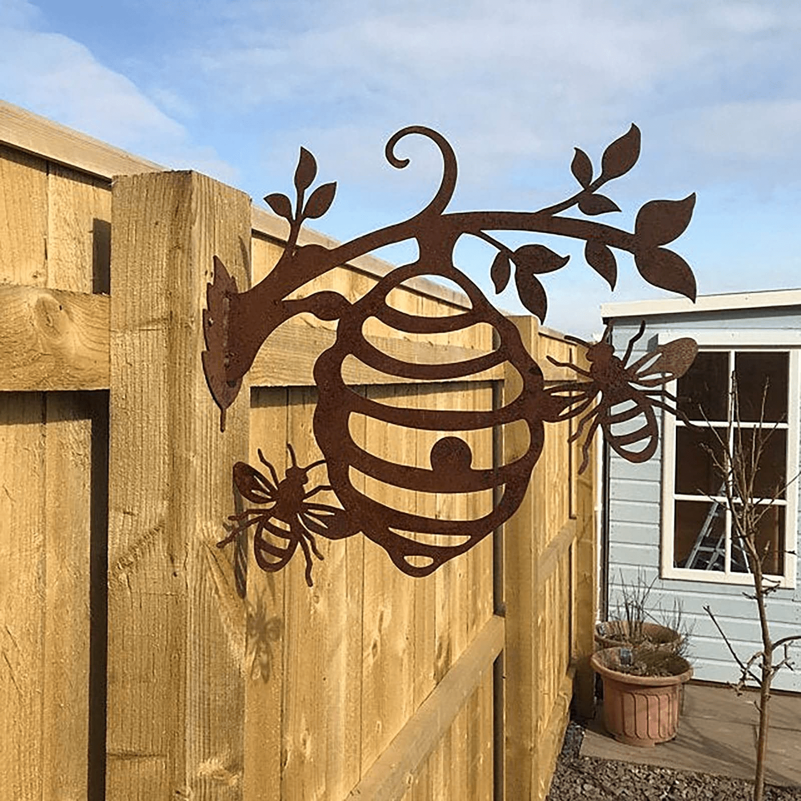 Rusty metal bee gift, bee home decor gift, bee outdoor and garden gift,  original design bees and honeycomb wall plant hanging bracket