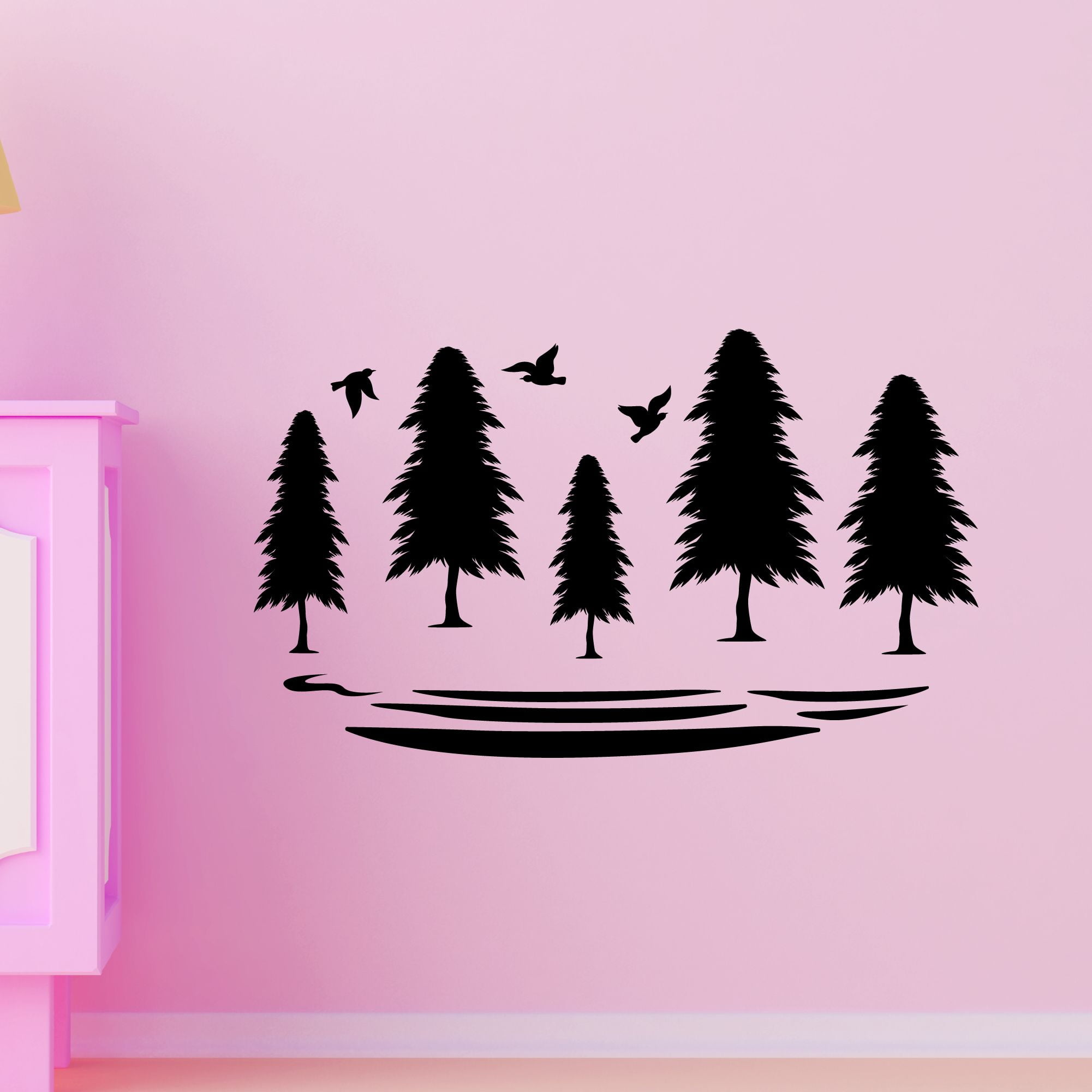 Outdoor Scenes Wall Decal Pine Forest Silhouette with Birds Daycare