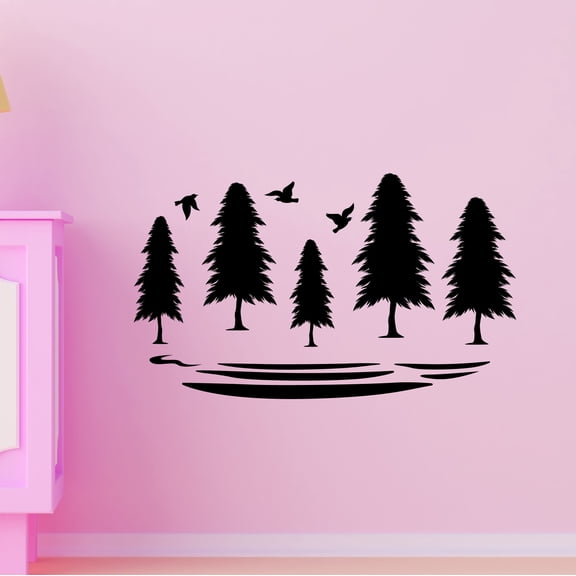 Outdoor Scenes Wall Decal Pine Forest Silhouette with Birds Daycare Wall Decal for Care Taker Forest Cute Themed Room Décor - Size: 10 In x 6 In