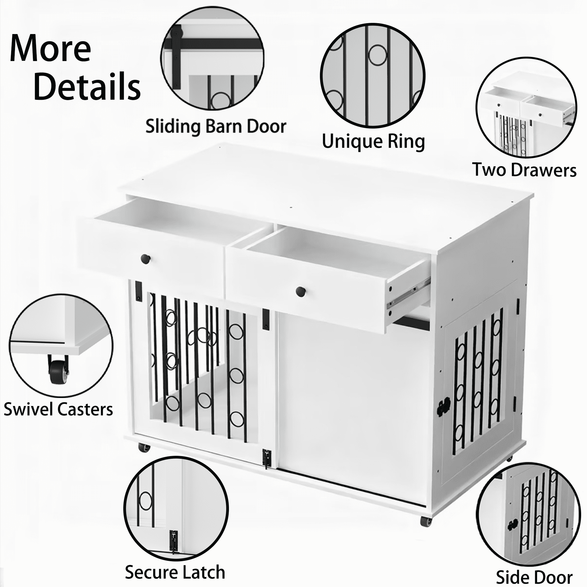 Modern Wooden Dog Crate Furniture, 39.37 Inch Decorative Pet Kennel End Table with Sliding Barn Door, Double Storage Drawers & Lockable Wheels, Stylish Dog Cage for Small Medium Dogs, White