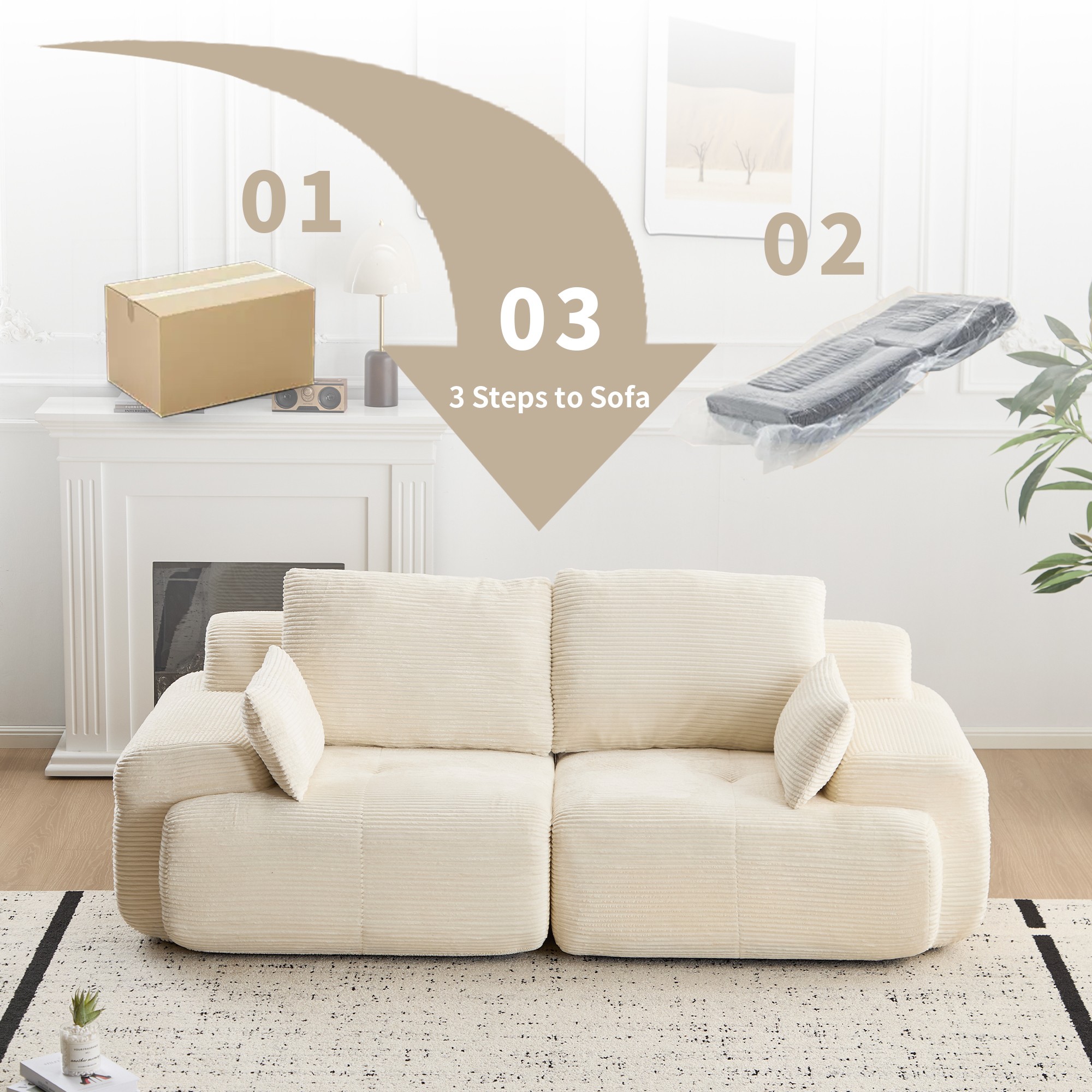 Leumius Modern Compressed Sofa,2 Seater Memory Foam Sofa Couch,Corduroy Extra Deep Loveseat Sofa for Living Room,Beige