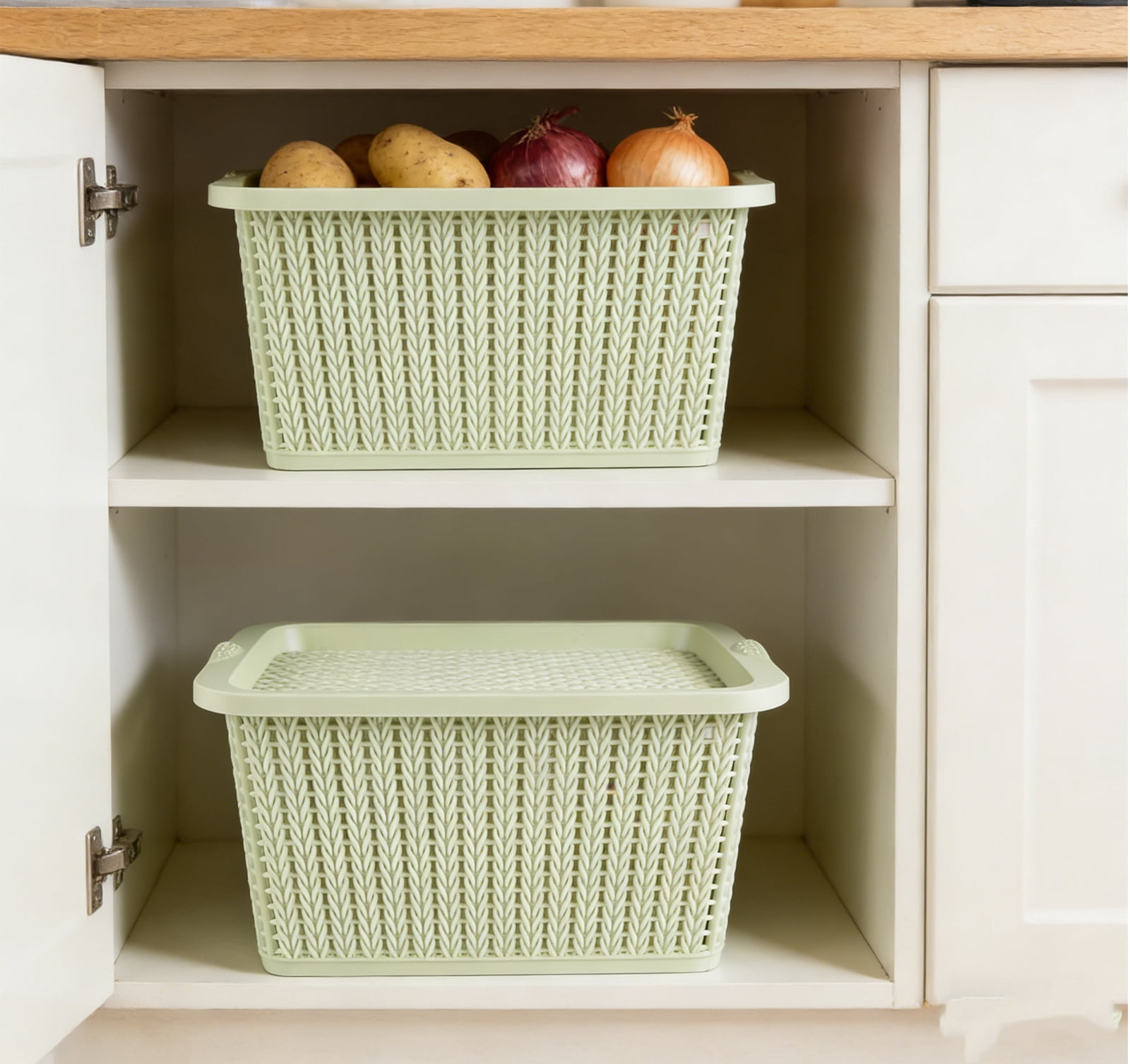 Pethiy 2-Pack Light Green Rattan-Texture Plastic Storage Baskets - Hollow Breathable Onion/Potato/Vegetable Organizers with Handles, Stackable for Kitchen Pantry Countertop