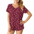 thumbnail image 4 of QATAINLAV 2 Piece Sets for Women, Casual Short Sleeve Tees and Shorts Lounge Set Trendy Printed V Neck Shirts Matching Shorts Sleepwear Outfits, Wine, S, 4 of 9