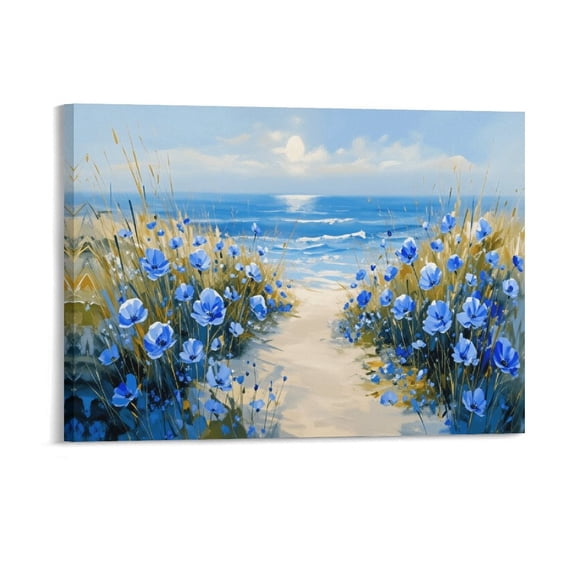 Potopok Coastal Landscape Wall Art for Living Room, Beach Sunrise Framed Canvas Prints Nature Blue Florals Decor 16x12 Inch