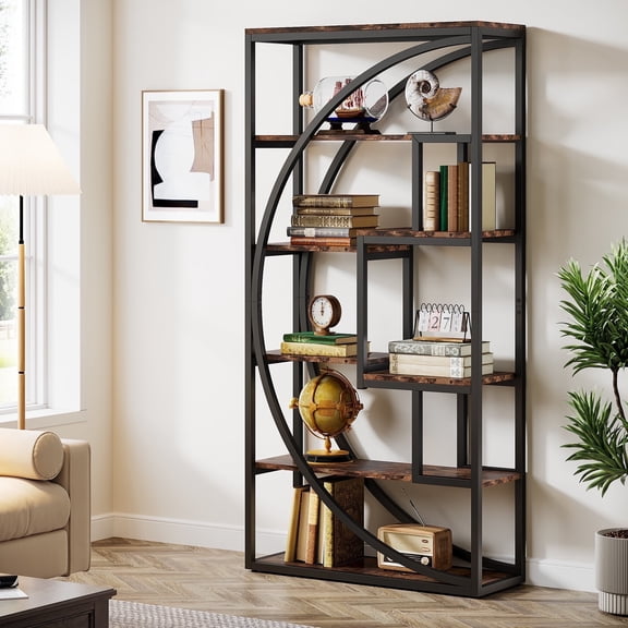 Finmind 70.8" Tall Industrial Bookshelf, 5-Tier Displaying Bookcases with 8 Open Storage Shelf for Home Office, Living Room, Bedroom, Brown