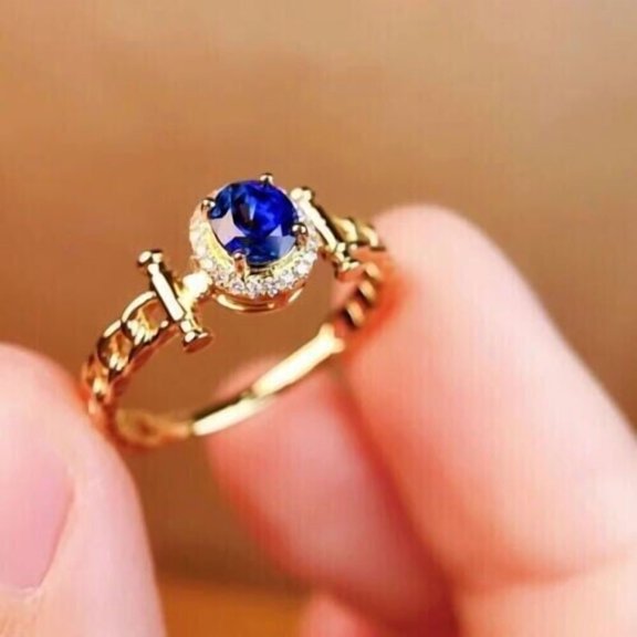 Hitanshu Jewels 3Ct Oval Cut Blue CZ Halo Engagement Ring 14K Yellow Gold Finish