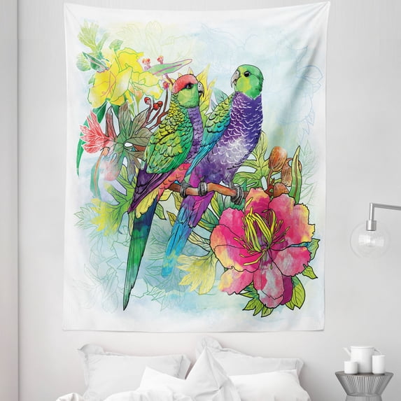 Tropical Tapestry, Faded Flowers and Love Parrots Botanical Flora with Romantic Orchids Wings Boho Art, Fabric Wall Hanging Decor for Bedroom Living Room Dorm, 5 Sizes, Multicolor, by Ambesonne