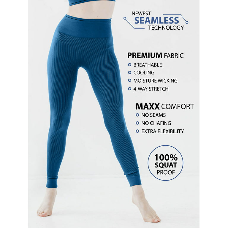Womens Ribbed Seamless Leggings High Waisted For Exercise Gym Workout Yoga  Running by MAXXIM Navy Blue Small