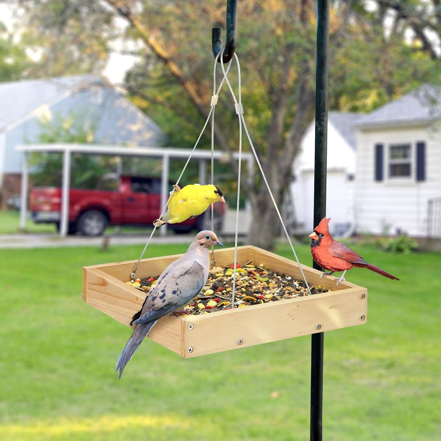 Platform Bird Feeder for Outdoor, Eco-Friendly Wood Hanging Tray Bird Feeders，Durable and Stable Great for Hanging Wild Birdfeeder Trays in Garden Outdoors, Install Required
