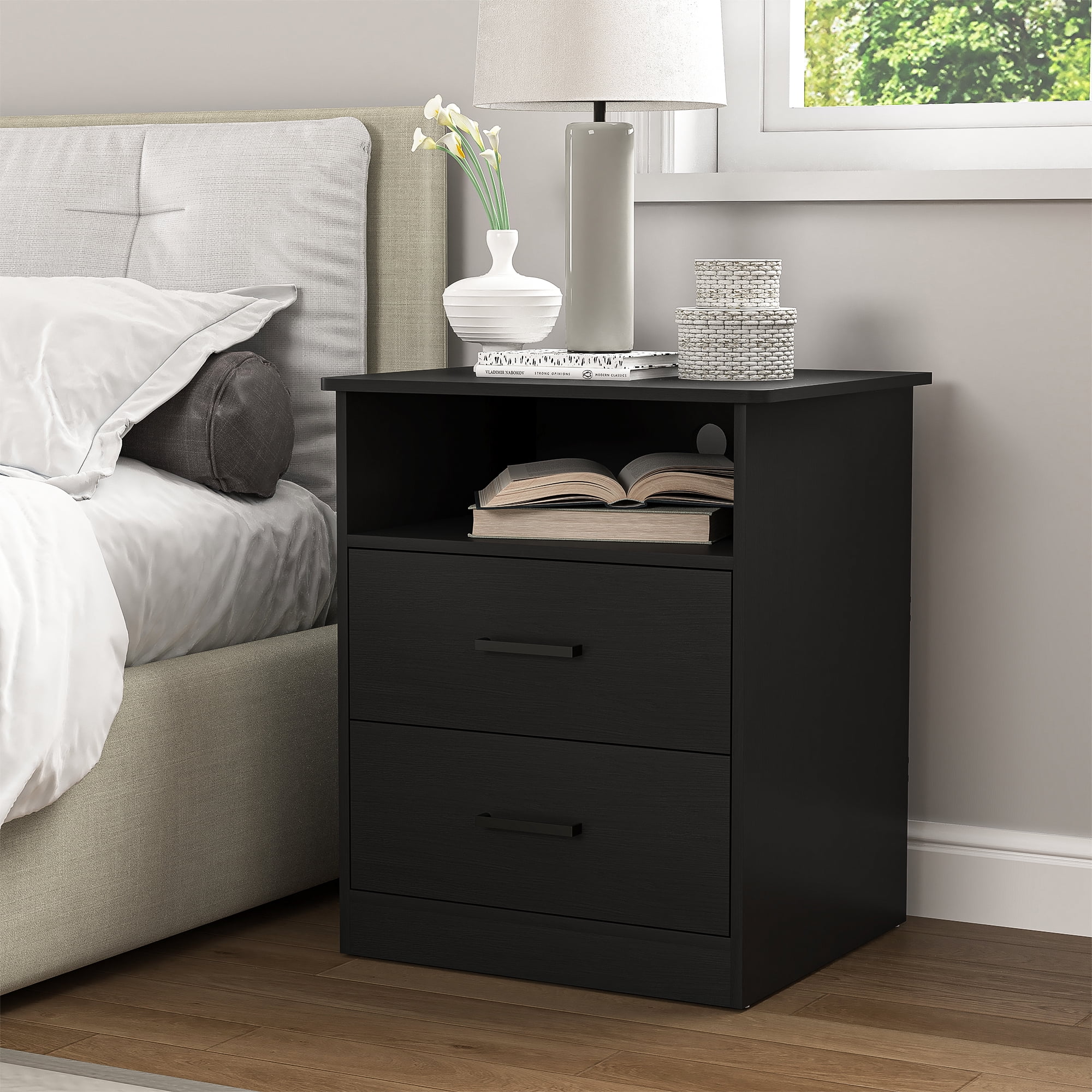 2 Drawer Bedroom Nightstand with Open Shelves, Black Bedside Table