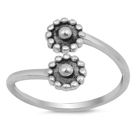 Silver Bali Bead Head Pin - Adjustable Flower Bali Bead Open Ring New .925 Sterling Silver Band Size 10