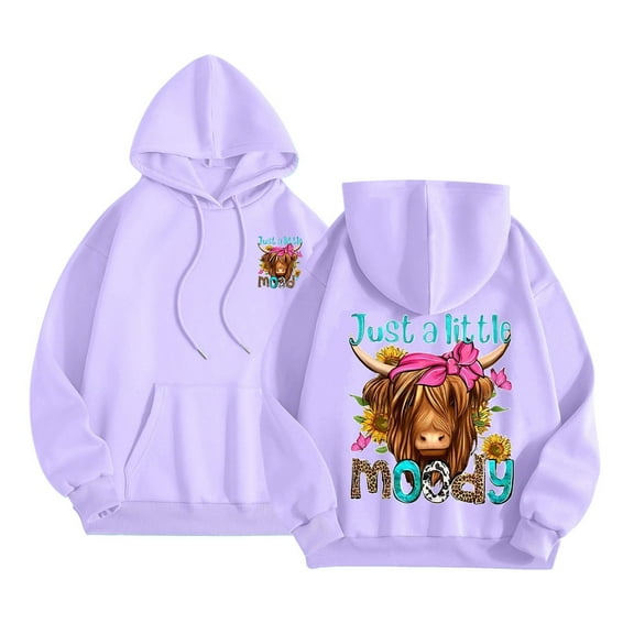 Just A Little Moody Sunflower Highland Cow Hoodie Color: Purple Size: L