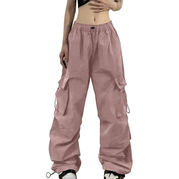 Aocisk Women's Summer Cargo Parachute Pants Loose Fit Pocket Street Style Parachute Pants for Women Pink M