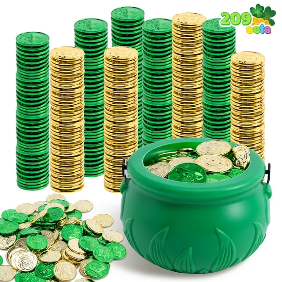 Joyfy 208 Pcs St. Patrick’s Day Lucky Leprechaun Plastic Coins and 1 Large Green Cauldron with Handle Saint Patrick Pot of Gold Party Supplies