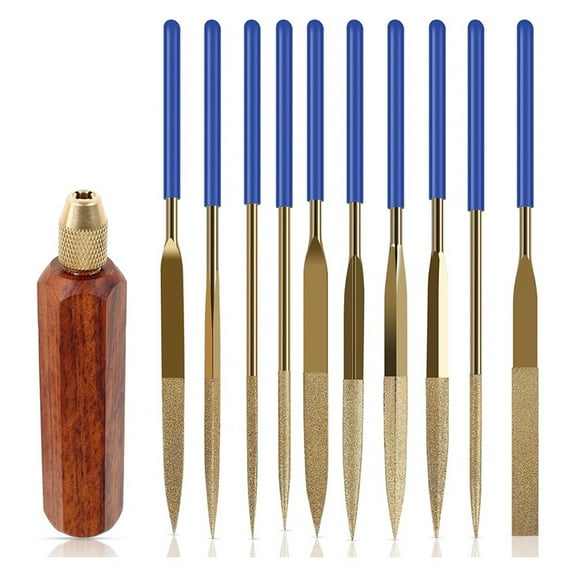 10 Pcs Needle File Set, Wooden Handles with Brass Collet Chuck, Balance Shock Absorbing Wood Handle File Round Handle,1 x Acidwood Handle 10 x File