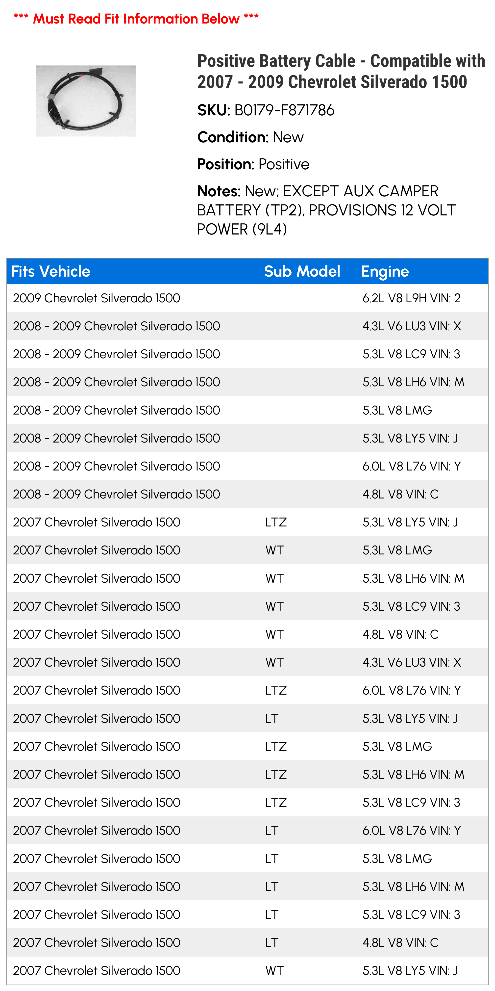 Positive Battery Cable - Compatible with 2007 - 2009 Chevy Silverado 1500  2008, image size:2000x4002
