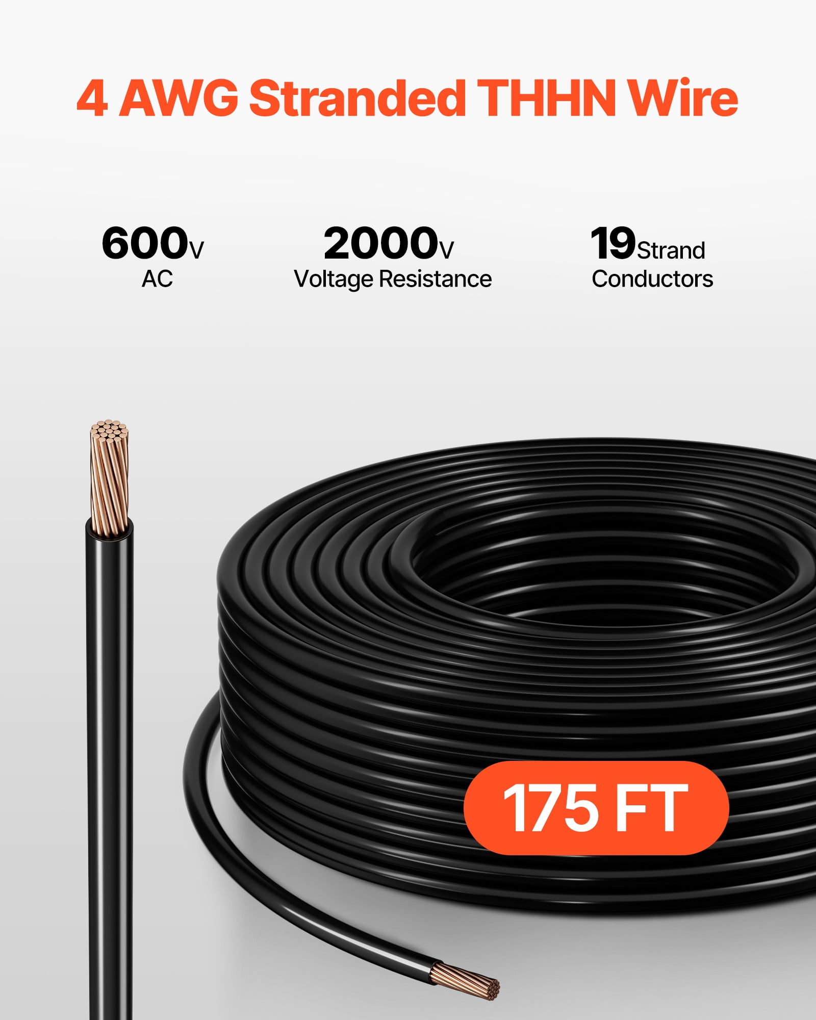 VEVOR 4 AWG THHN Wire, 19-Stranded, 100% OFC Copper Electrical Building Wire with Nylon Jacket, Rated for Up to 600 Volts, for Indoor & Outdoor Use, Commercial, Industrial, Residential, Black