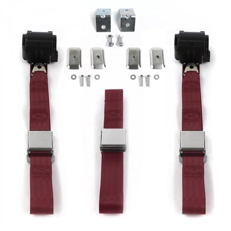 SafeTBoy Airplane 2 Point Burgundy Retractable Bench Seat Belt Kit with Bracketry & 3 Belts for 1970 Ford Fairlane