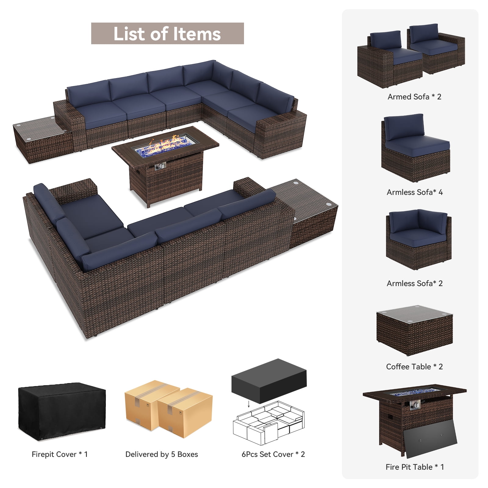 unmthink 13-Piece Rattan Sectional Patio Furniture Set with Fire Pit Table, 2 Coffee Tables, Blue
