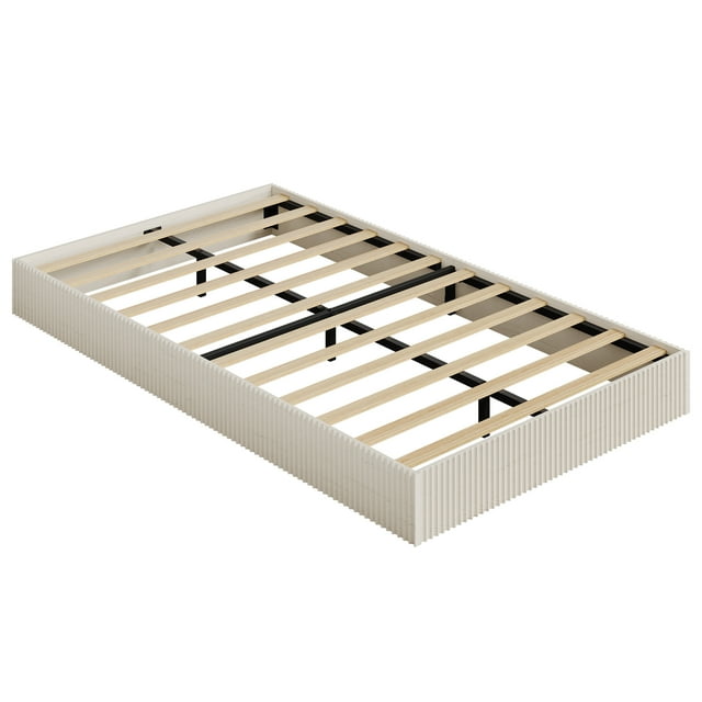 Fluted Minimalist Design Wooden Platform Bed Frame - Low Profile, Noise-Free, Easy Assembly, No Box Spring Needed - Twin Size, Cream White