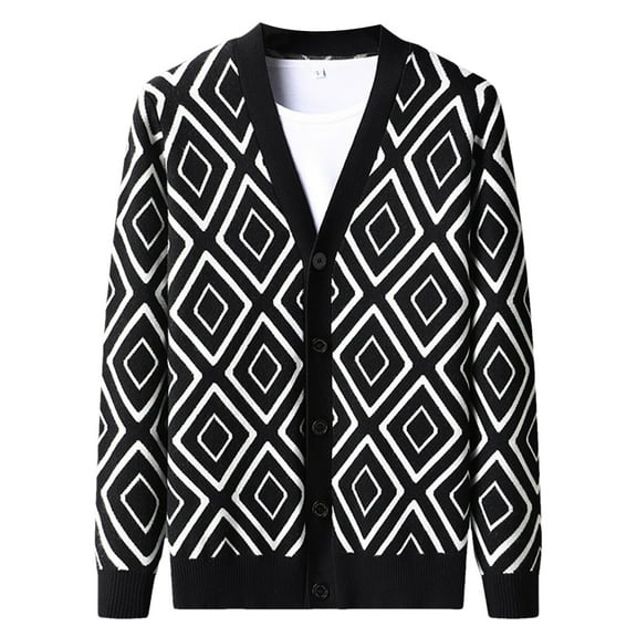 GBSYEWXS Men Pullover Sweaters Long Sleeve Cardigan Trendy Jacquard Print Fashion Black V-Neck Sweater