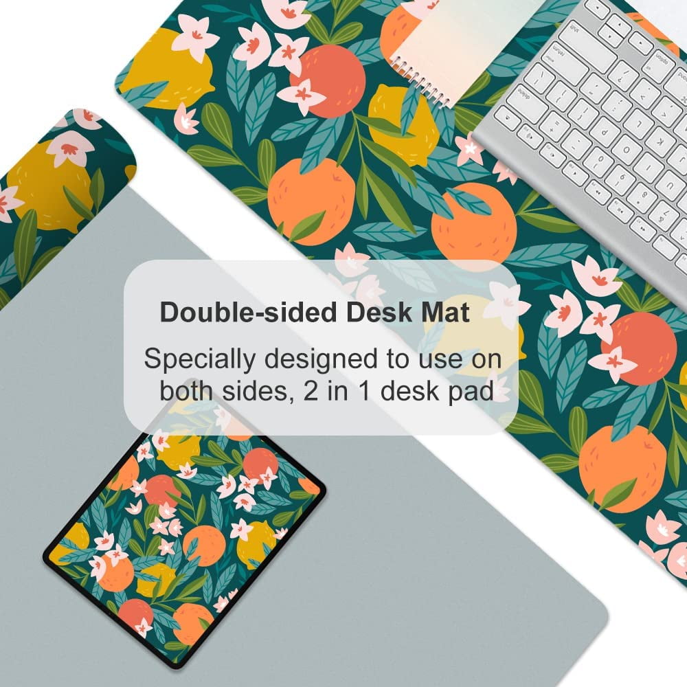 Large Mouse Pad, Waterproof PU Leather Cute Computer Desk Mat, Allover Citrus Fruit Home Office Décor, Multifunctional Desk Organizers Protector, 31.5" x 15.7" - Orange Lemon Floral Pattern