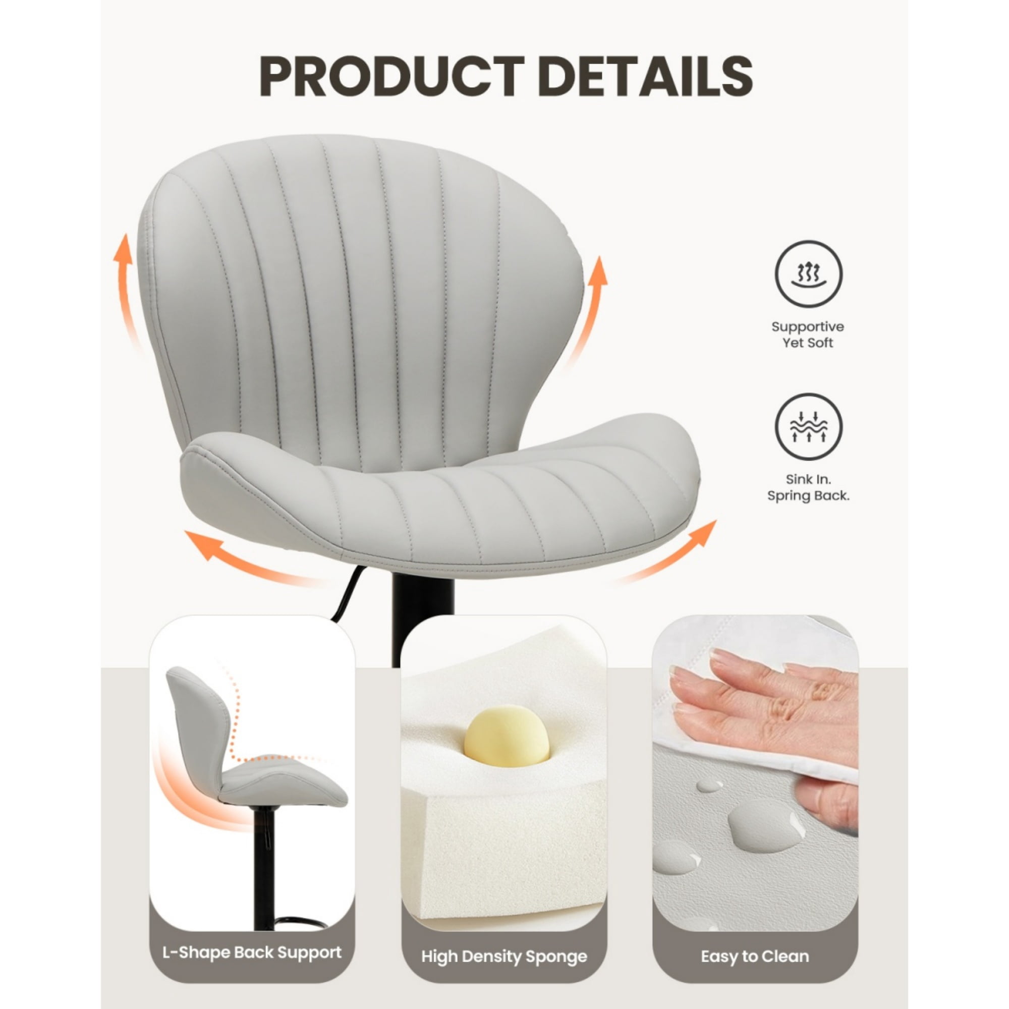 EOP Swivel Bar Stools Set of 4, Modern Upholstered Adjustable Height Counter Stools with Footrest, Faux Leather Upholstered BarStools with Metal Frame, Bar Chairs with Backrest, Gray