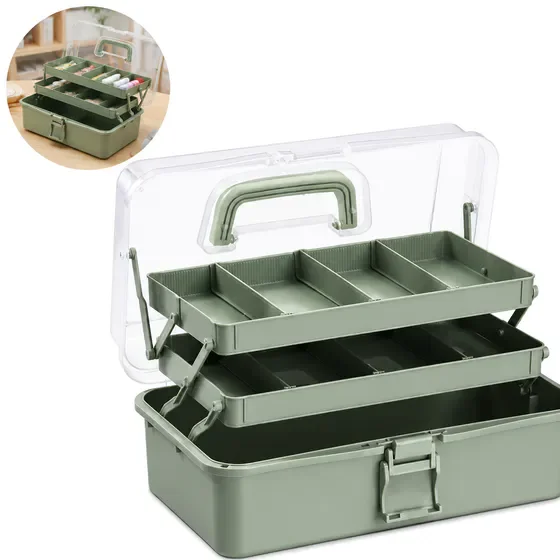 1 Pack 12.5in 3 Tier Plastic Storage Box, Portable Craft Tool Organizer with Adjustable Dividers, Clear Lid Multipurpose Supply Case, Handheld Art Craft Container for Sewing Medicine Small Parts