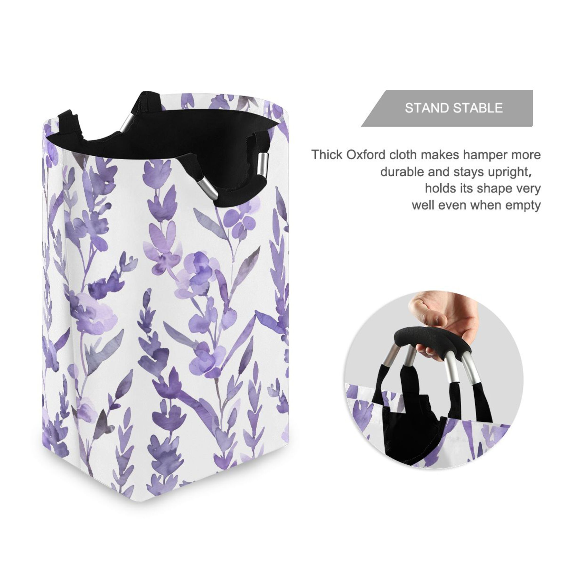 Lavender Watercolor Laundry Basket with Handles Foldable Laundry Hamper Freestanding Washing Bin 50L