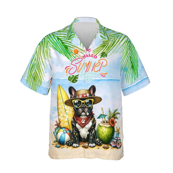 French Bulldog Hello Summer with Sunglasses and Surfboard Tropical Vibes Hawaiian Shirt Breathable Summer Unisex Merch Dog Lover Gifts - 00007